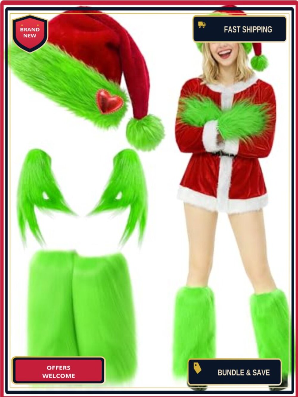 Christmas Monster Santa Costume Set Plush Leg Warmers Hat Gloves Cosplay